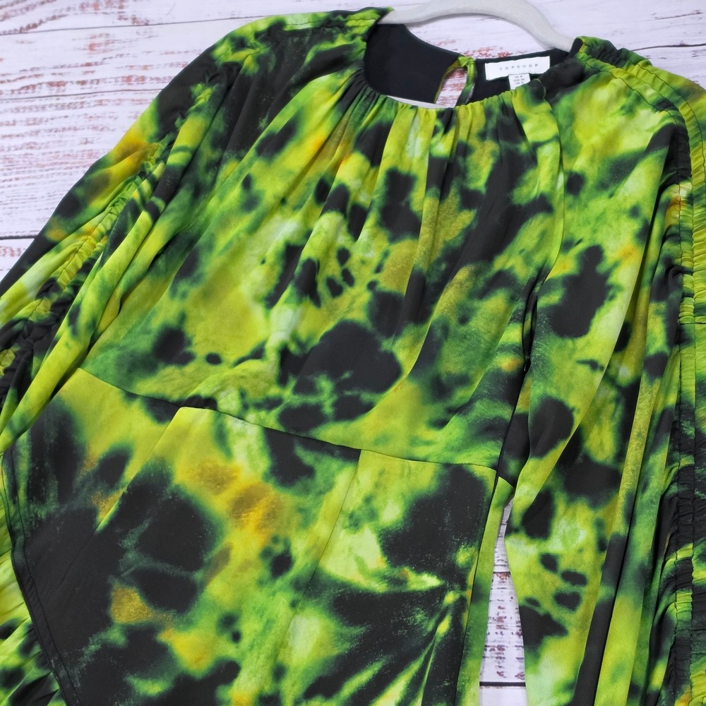 Topshop Midi Dress Womens 4 Green Tie Dye Excellent Ruched Sleeve Front Slit